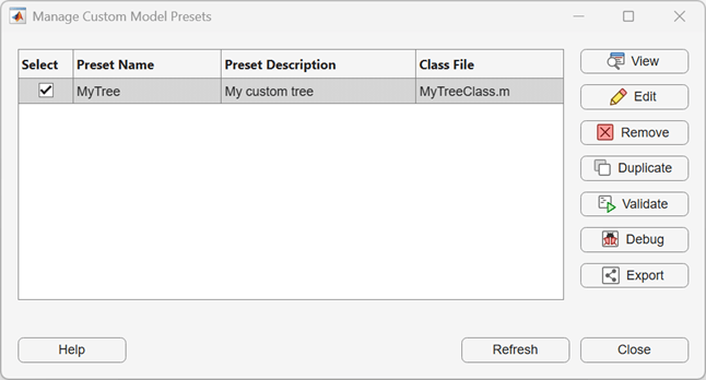 Manage custom model presets