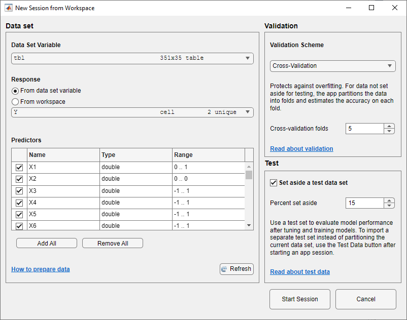 New Session from Workspace dialog box with 15 percent of the imported data set aside for testing