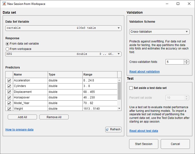 New Session from Workspace dialog box