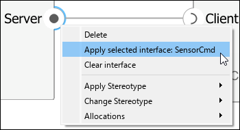 Right-click menu for client port with 'Apply selected interface: ServiceInterface0' option highlighted.