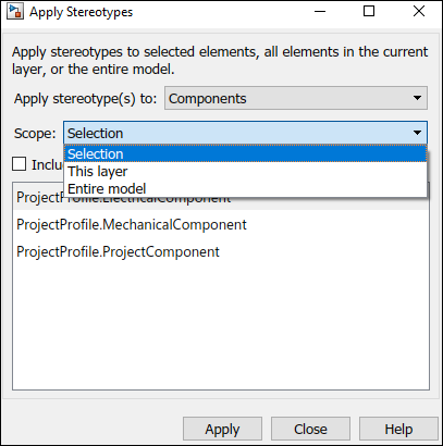 Apply stereotypes dialog displaying scope for selection, this layer, and entire model.