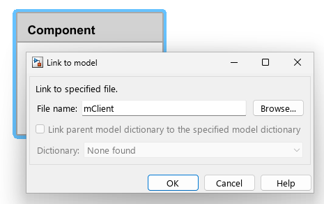 Software component is selected on the canvas and the Link to model dialog box is open.