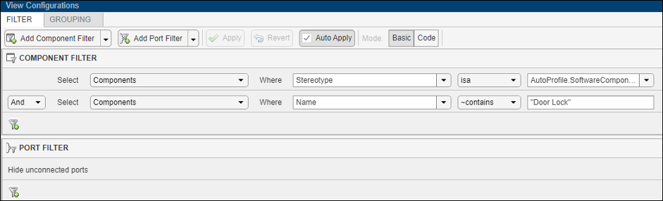 The view configurations filter query display with two component filters and a port filter.