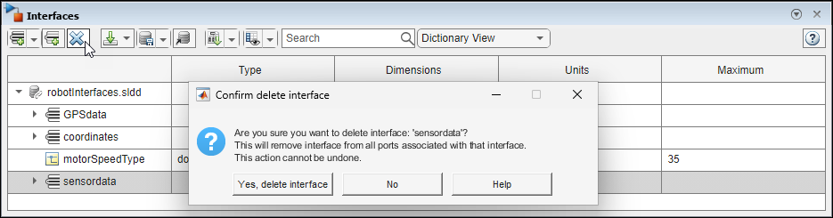 The 'sensor data' interface is selected. The confirm delete interface warning message says: Are you sure you want to delete interface: 'sensor data'? This will remove interface from all ports associated with that interface. This action cannot be undone. The default selection is No.