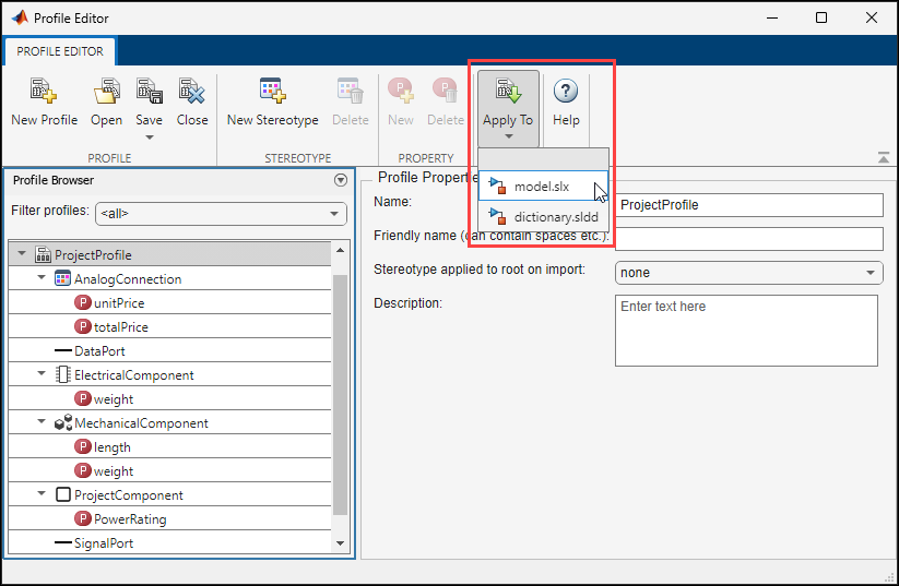 Import into selections for model and dictionary from the Profile Editor.