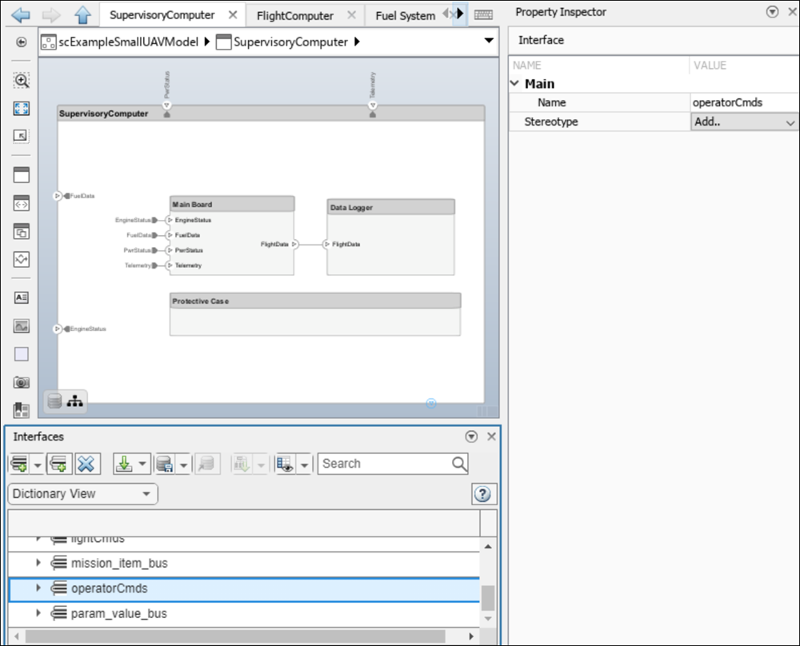 Property Inspector with data interface highlighted in the Interface Editor.