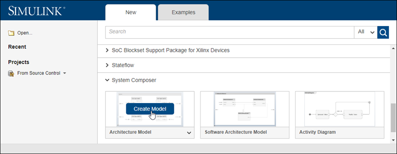 Simulink new selection menu specifying a System Composer architecture model create model selection.