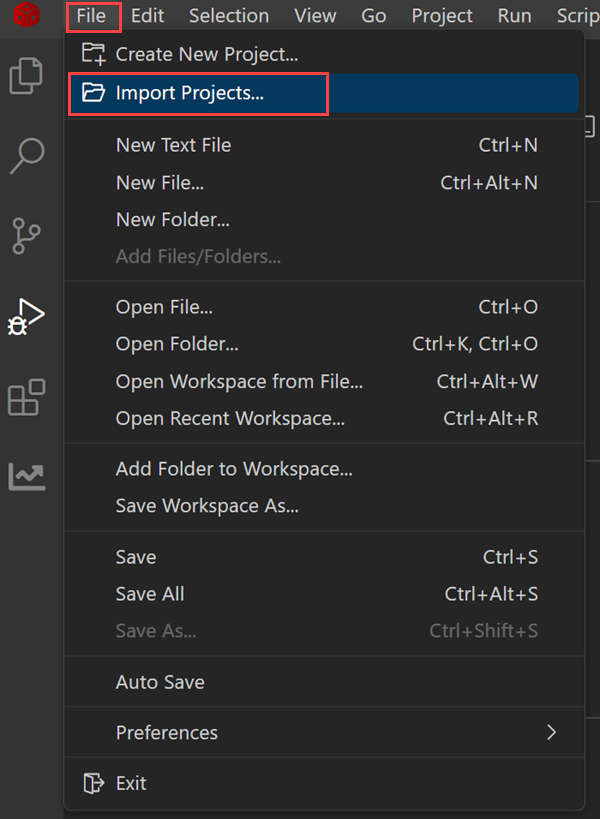 CCS File menu with Import Projects option highlighted