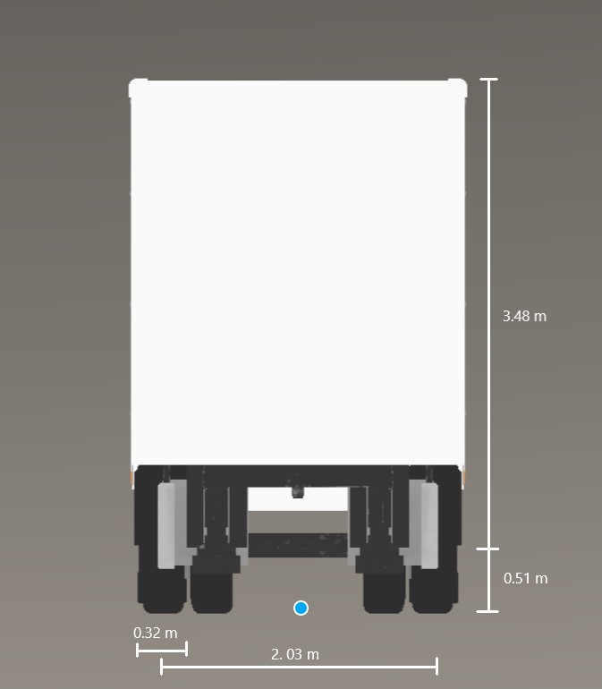 Front view of trailer with the origin marked in blue beneath its center and its front tire width and front axle dimensions shown. The tire width is 0.32 meters. The axle width is 2.03 meters.