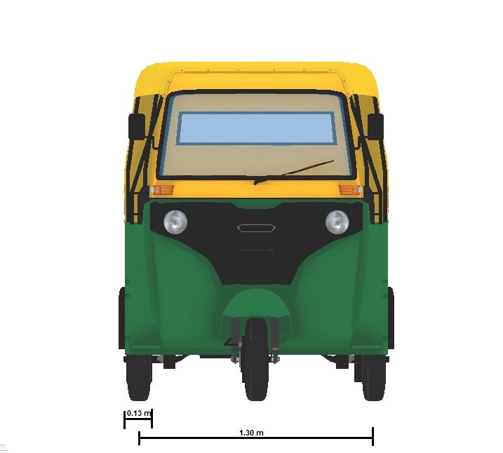 Front view of muscle car with the origin marked in blue beneath its center and its front tire width and front axle dimensions shown. The front tire width is 0.13 meters. The front axle width is 1.30 meters.