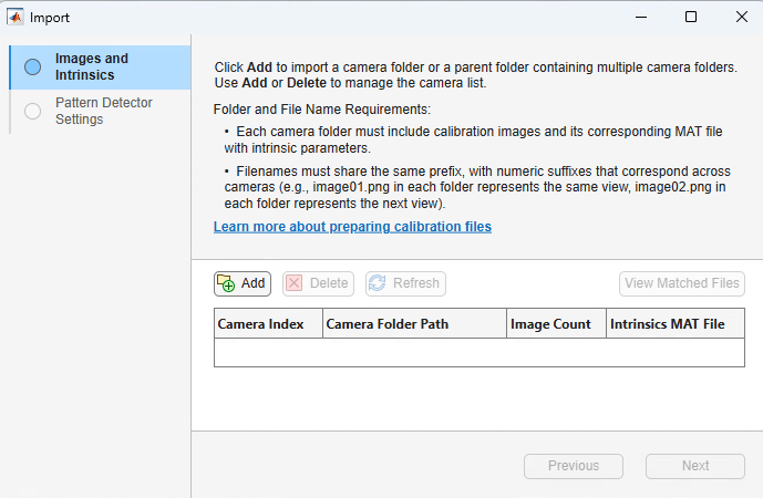 A screenshot of an import dialog with a left navigation panel showing two options, Images and Intrinsics and Pattern Detector Settings, alongside the main pane with instructions and controls for importing camera calibration images and intrinsic parameters.