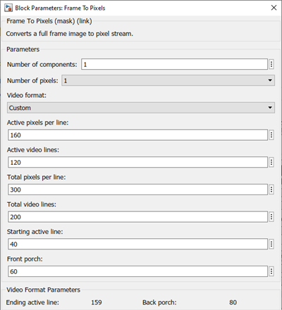 Frame To Pixels block parameters.