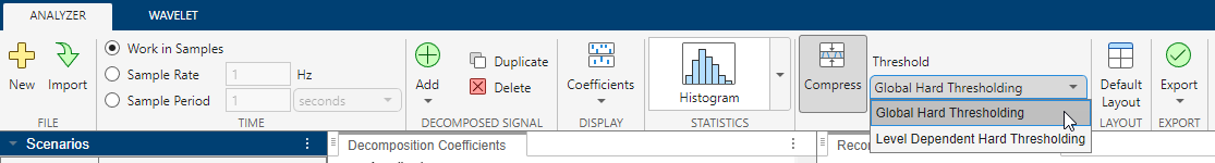 View of toolstrip on Analyzer tab with compression enabled. From the Threshold list, you can choose the thresholding method.