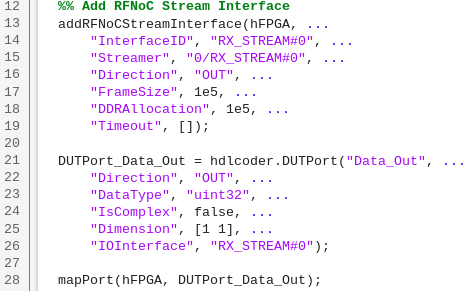 Snippet from the setup function script that creates an RFNoC stream interface and maps it to a DUT port.