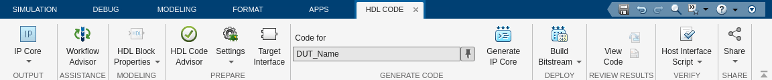 HDL Code tab in the Simulink toolstrip