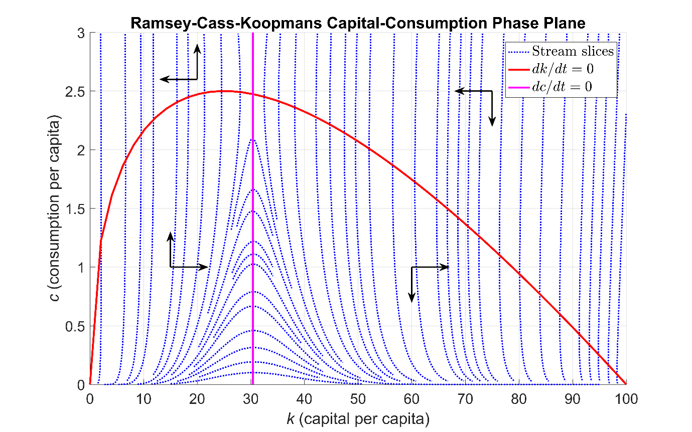 Ritratto di fase del sistema Ramsey-Cass-Koopmans di equazioni differenziali ordinarie. 
